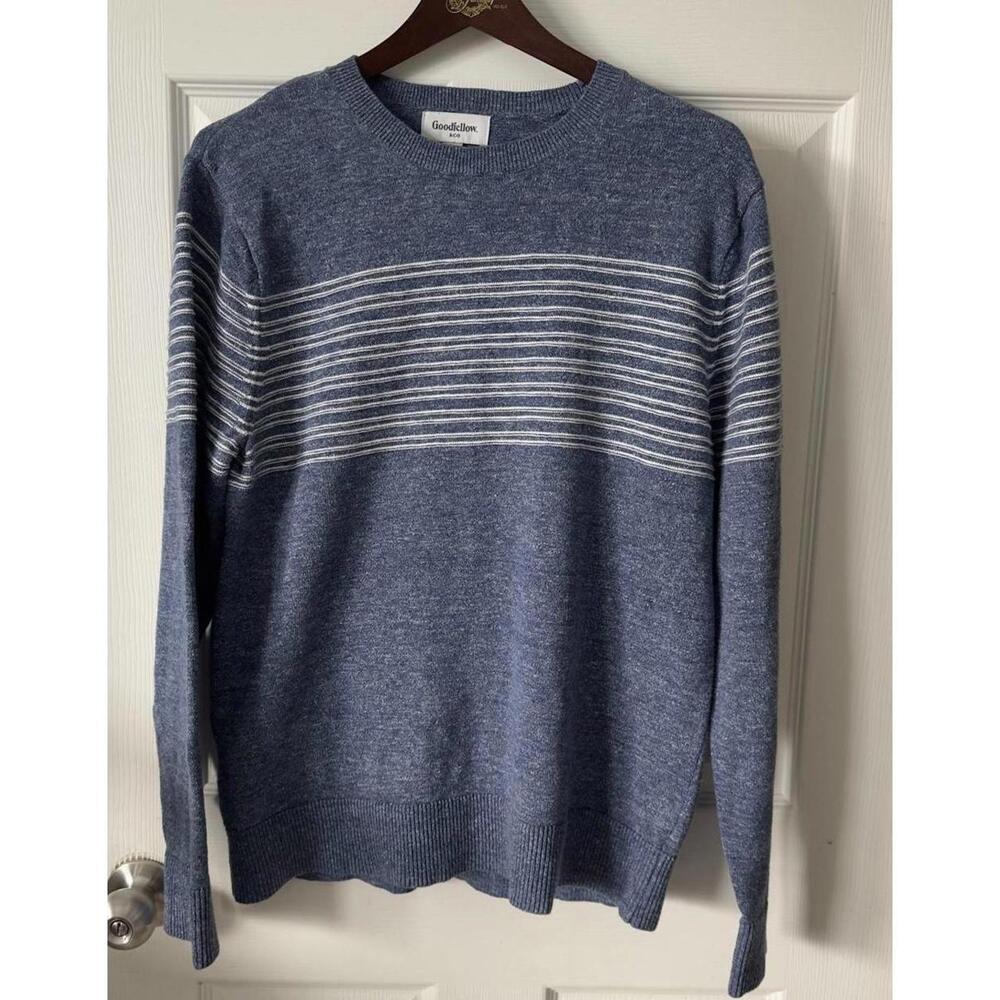 Goodfellow& Co Men's M Cotton Blue White Stripe Long Sleeve Pullover Crewneck